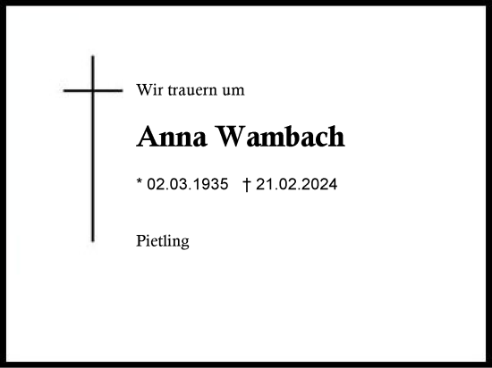 Traueranzeige von Anna Wambach von Traunstein
