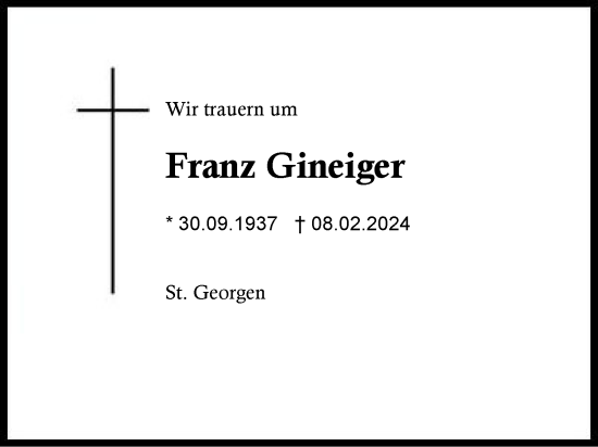 Traueranzeige von Franz Gineiger von Traunstein