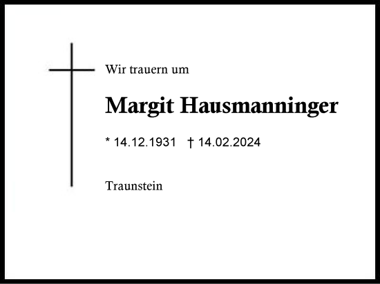 Traueranzeige von Margit Hausmanninger von Region Chiemgau