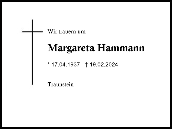 Traueranzeige von Margareta Hammann von Region Chiemgau