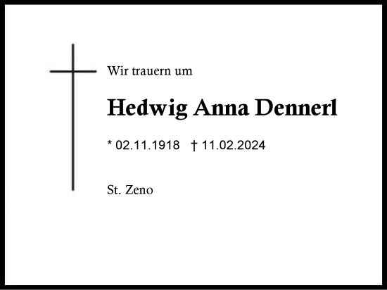 Traueranzeige von Hedwig Anna Dennerl von Region Berchtesgadener Land