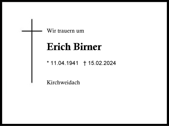 Traueranzeige von Erich Birner von Traunstein