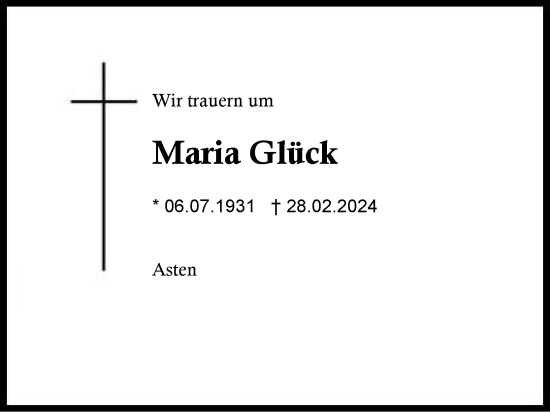 Traueranzeige von Maria Glück von Traunstein