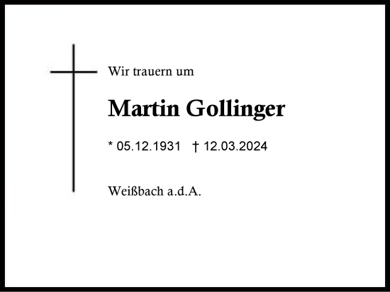Traueranzeige von Martin Gollinger von Region Chiemgau