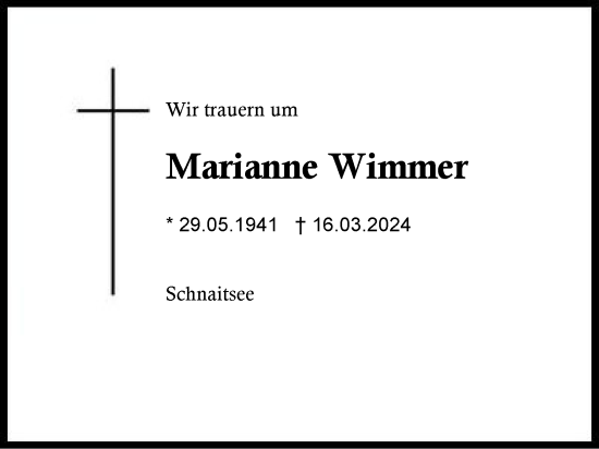 Traueranzeige von Marianne Wimmer von Traunstein