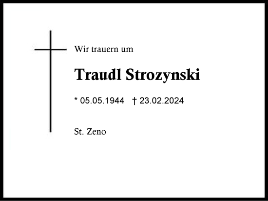 Traueranzeige von Traudl Strozynski von Region Berchtesgadener Land