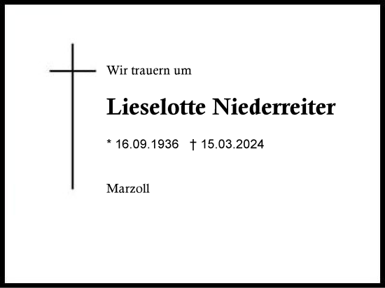 Traueranzeige von Lieselotte Niederreiter von Region Berchtesgadener Land