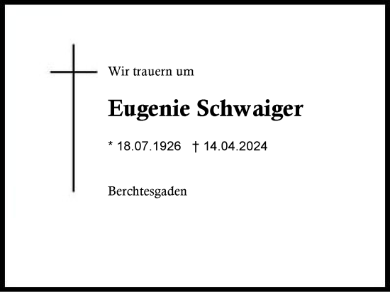 Traueranzeige von Eugenie Schwaiger von Region Chiemgau