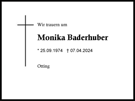 Traueranzeige von Monika Baderhuber von Region Chiemgau