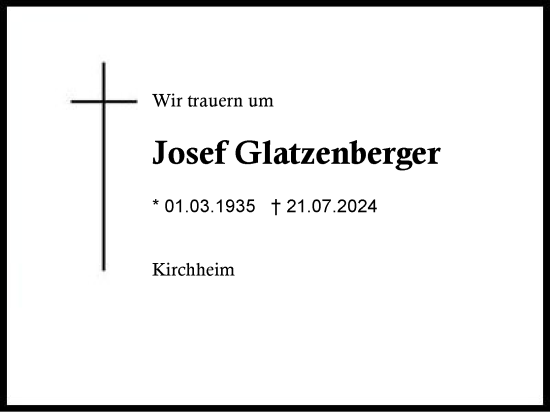 Traueranzeige von Josef Glatzenberger von Traunstein