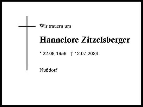 Traueranzeige von Hannelore Zitzelsberger von Region Chiemgau