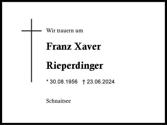 Traueranzeige von Franz Xaver Rieperdinger von Traunstein