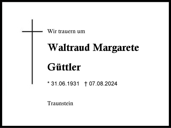 Traueranzeige von Waltraud Margarete Güttler von Region Chiemgau