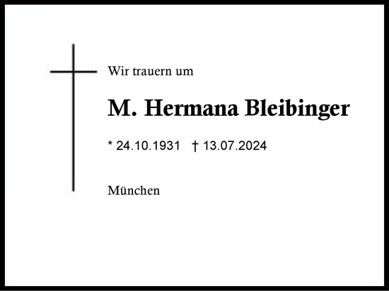 Traueranzeige von M. Hermana Bleibinger von Traunstein