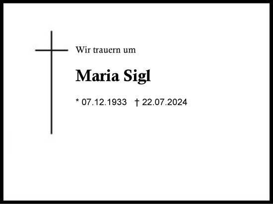 Traueranzeige von Maria Sigl von Traunstein