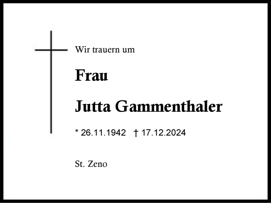 Traueranzeige von Jutta Gammenthaler von Region Berchtesgadener Land