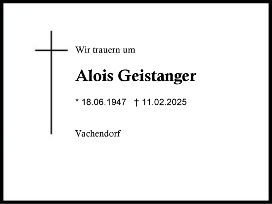 Traueranzeige von Alois Geistanger von Region Chiemgau