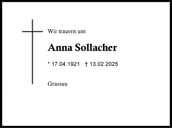 Traueranzeige von Anna Sollacher von Region Chiemgau