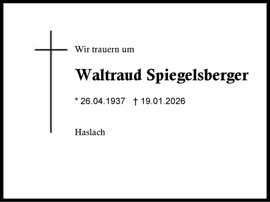 Traueranzeige von Waltraud Spiegelsberger von Region Chiemgau