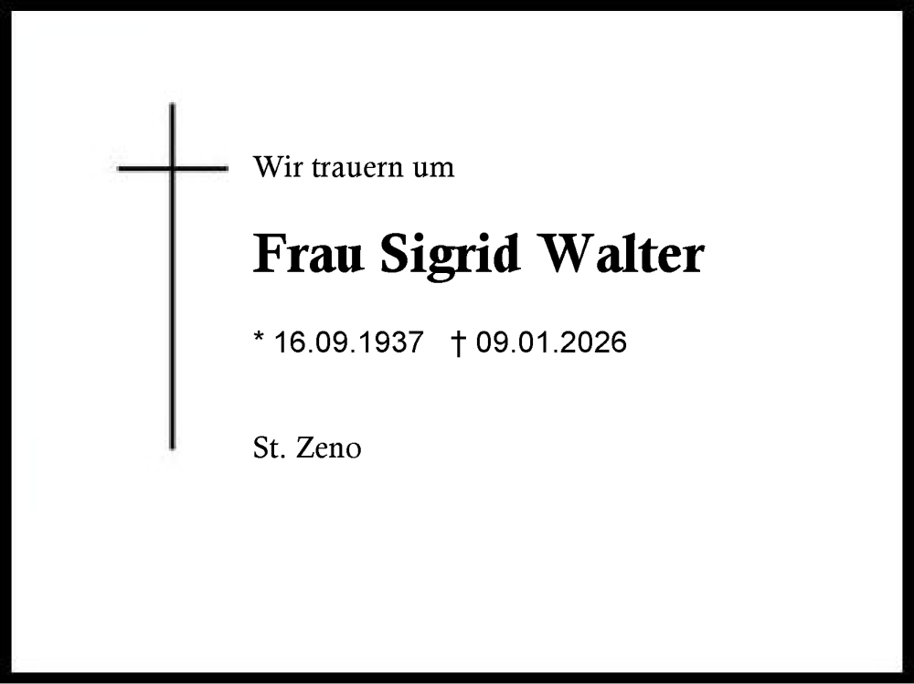  Traueranzeige für Sigrid Walter vom 17.01.2026 aus Region Berchtesgadener Land