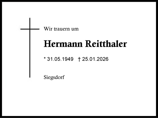 Traueranzeige von Hermann Reitthaler von Region Chiemgau
