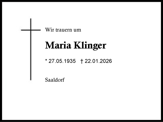 Traueranzeige von Maria Klinger von Traunstein