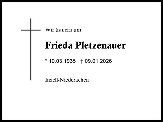 Traueranzeige von Frieda Pletzenauer von Region Chiemgau
