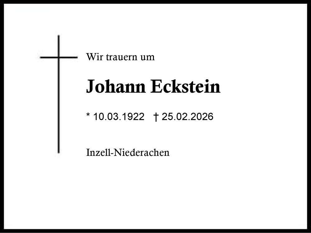  Traueranzeige für Johann Eckstein vom 28.02.2026 aus Region Chiemgau