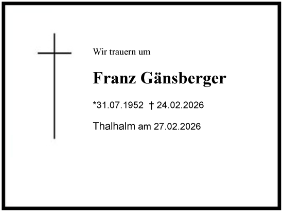 Traueranzeige von Franz Gänsberger von Region Chiemgau