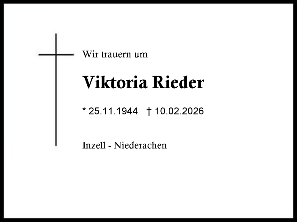  Traueranzeige für Viktoria Rieder vom 14.02.2026 aus Region Chiemgau